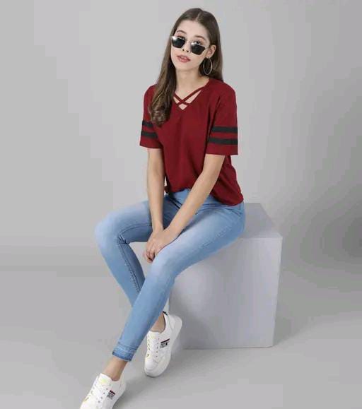 Elizy Women Maroon Plain Cross Neck Top