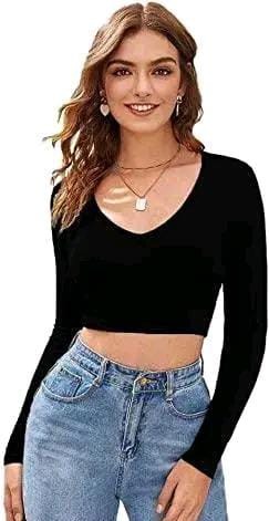Casual Polyester Blend V-Neck Full Sleeves Black Crop Top