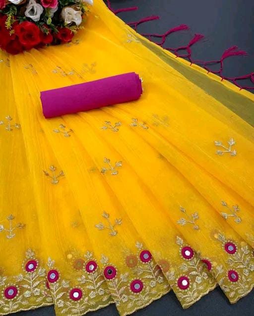 EMBROIDERY MIRROR WORK NET SAREE