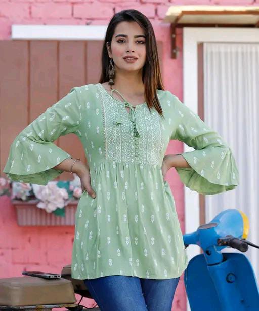 Rayon Embroidered Half Sleeves Tunic/Top For Women