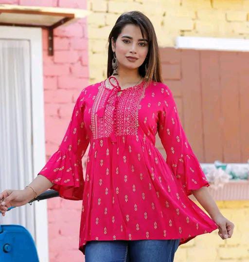 Rayon Embroidered Half Sleeves Tunic/Top For Women