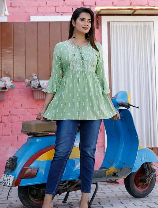 Rayon Embroidered Half Sleeves Tunic/Top For Women