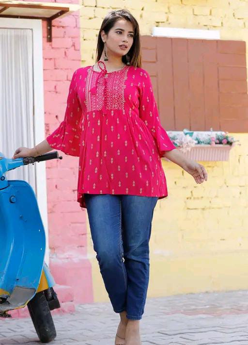 Rayon Embroidered Half Sleeves Tunic/Top For Women
