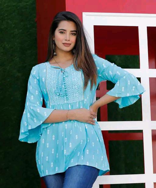 Rayon Embroidered Half Sleeves Tunic/Top For Women