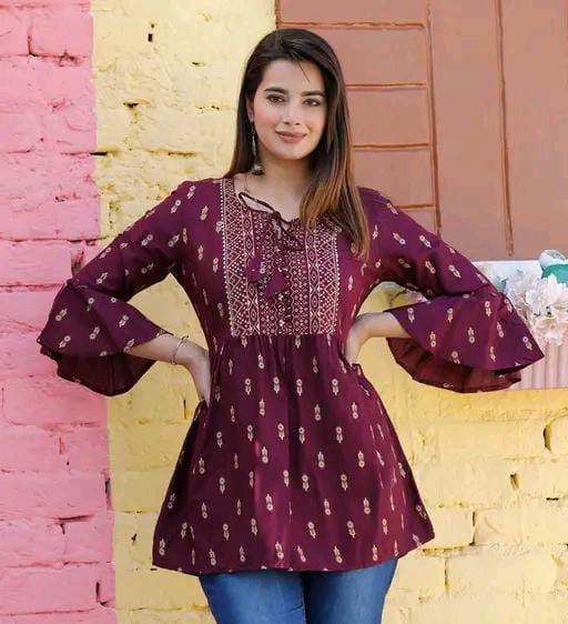 Rayon Embroidered Half Sleeves Tunic/Top For Women