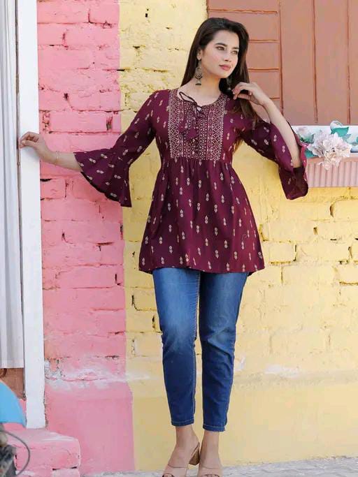 Rayon Embroidered Half Sleeves Tunic/Top For Women