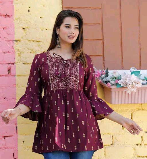 Rayon Embroidered Half Sleeves Tunic/Top For Women