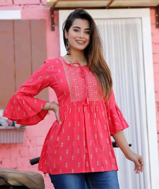 Rayon Embroidered Half Sleeves Tunic/Top For Women