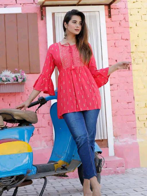 Rayon Embroidered Half Sleeves Tunic/Top For Women