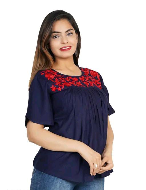 Rayon Embroidered Half Sleeves Tunic/Top For Women