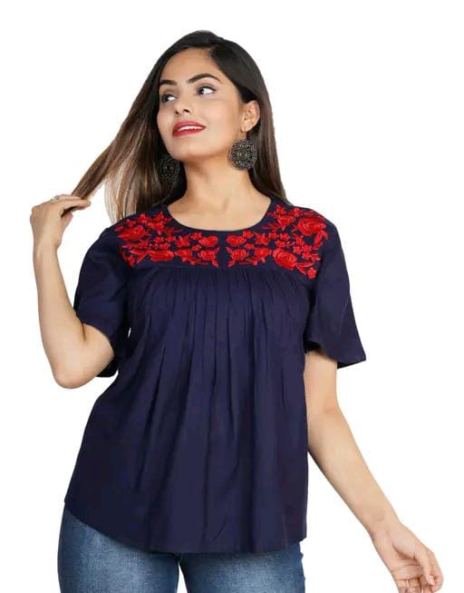 Rayon Embroidered Half Sleeves Tunic/Top For Women