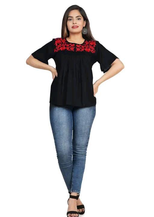Rayon Embroidered Half Sleeves Tunic/Top For Women
