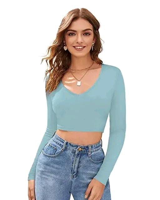 Casual Polyester Blend V-Neck Full Sleeves Black Crop Top