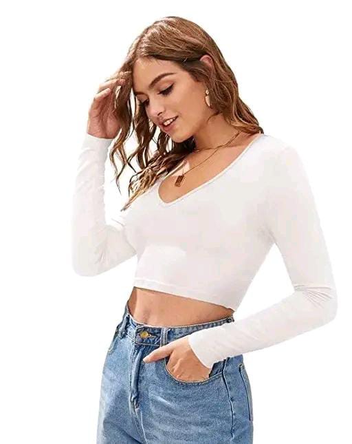 Casual Polyester Blend V-Neck Full Sleeves Black Crop Top