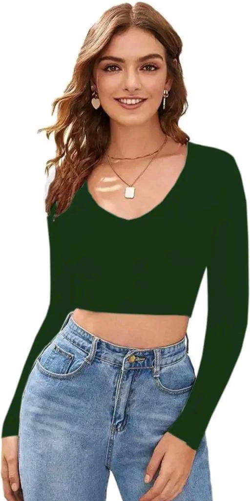 Casual Polyester Blend V-Neck Full Sleeves Black Crop Top