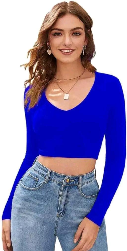 Casual Polyester Blend V-Neck Full Sleeves Black Crop Top