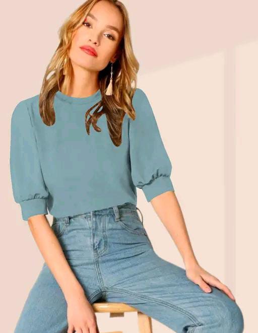 Round Neck Puff Half Sleeves Polyester Blend Top
