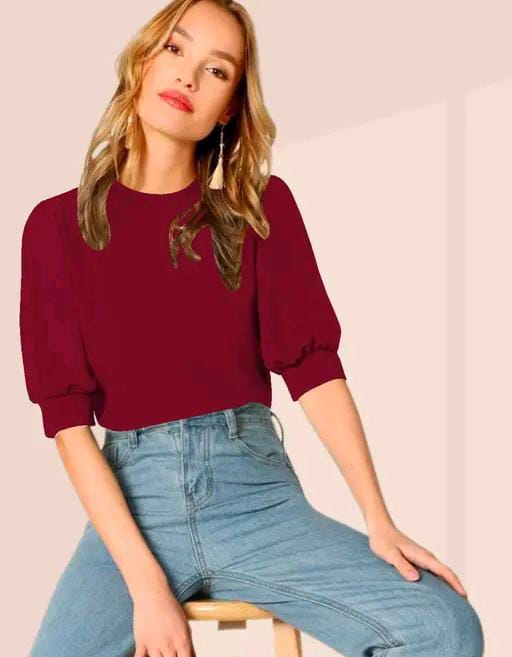 Round Neck Puff Half Sleeves Polyester Blend Top