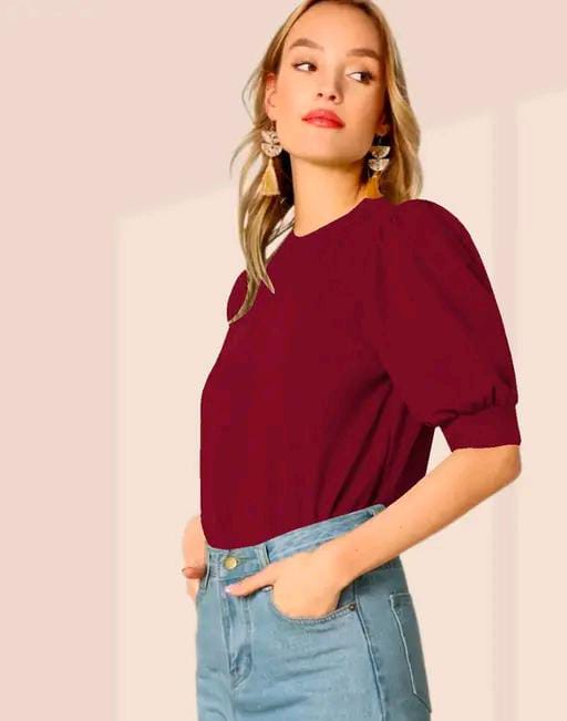 Round Neck Puff Half Sleeves Polyester Blend Top
