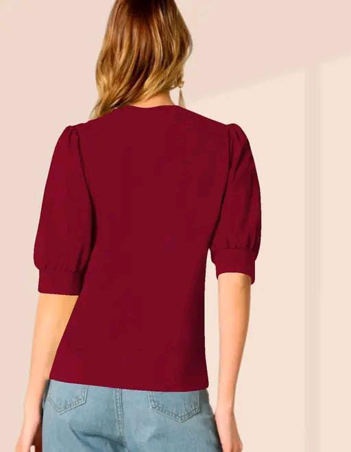 Round Neck Puff Half Sleeves Polyester Blend Top