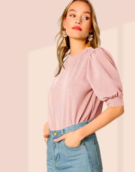 Round Neck Puff Half Sleeves Polyester Blend Top