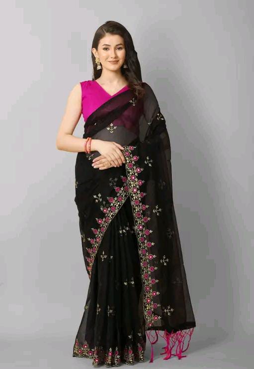 Mirror work net saree