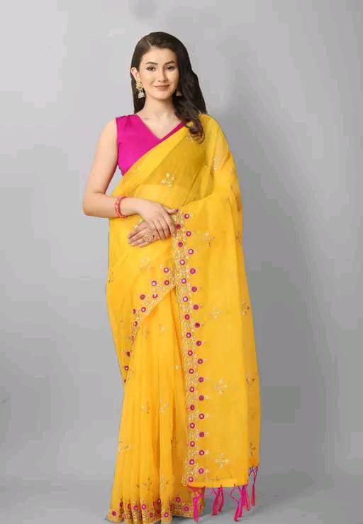 EMBROIDERY MIRROR WORK NET SAREE