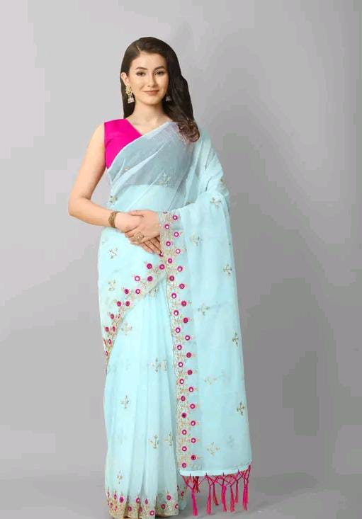 BOLLYWOOD STYLE MIRROR WORK NET SAREE